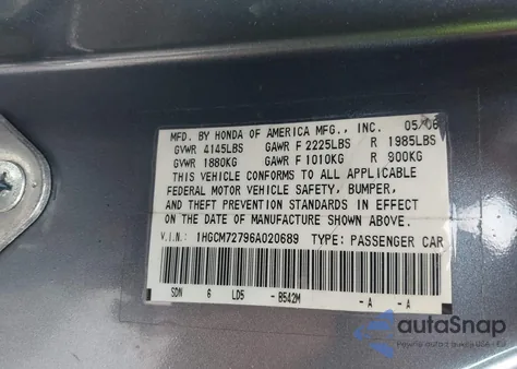 2006 Honda Accord 2.4 Ex from USA, damaged, VIN 1HGCM72796A020689